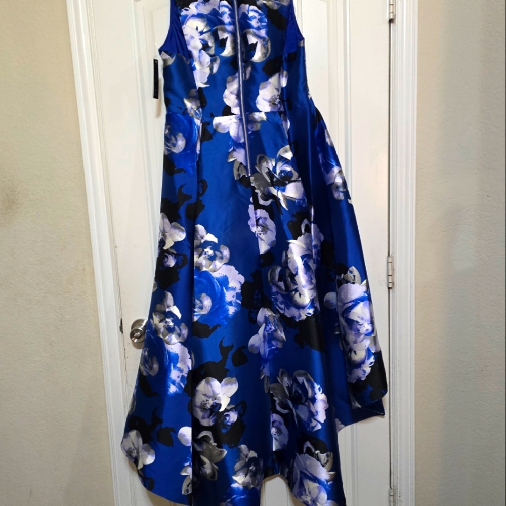 Blue Floral High-Low Satin Dress with Large Print